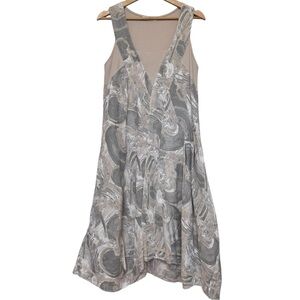 Lands Downunder 100% Linen Cream Printed Dress Womens Size L Relaxed Lagenlook